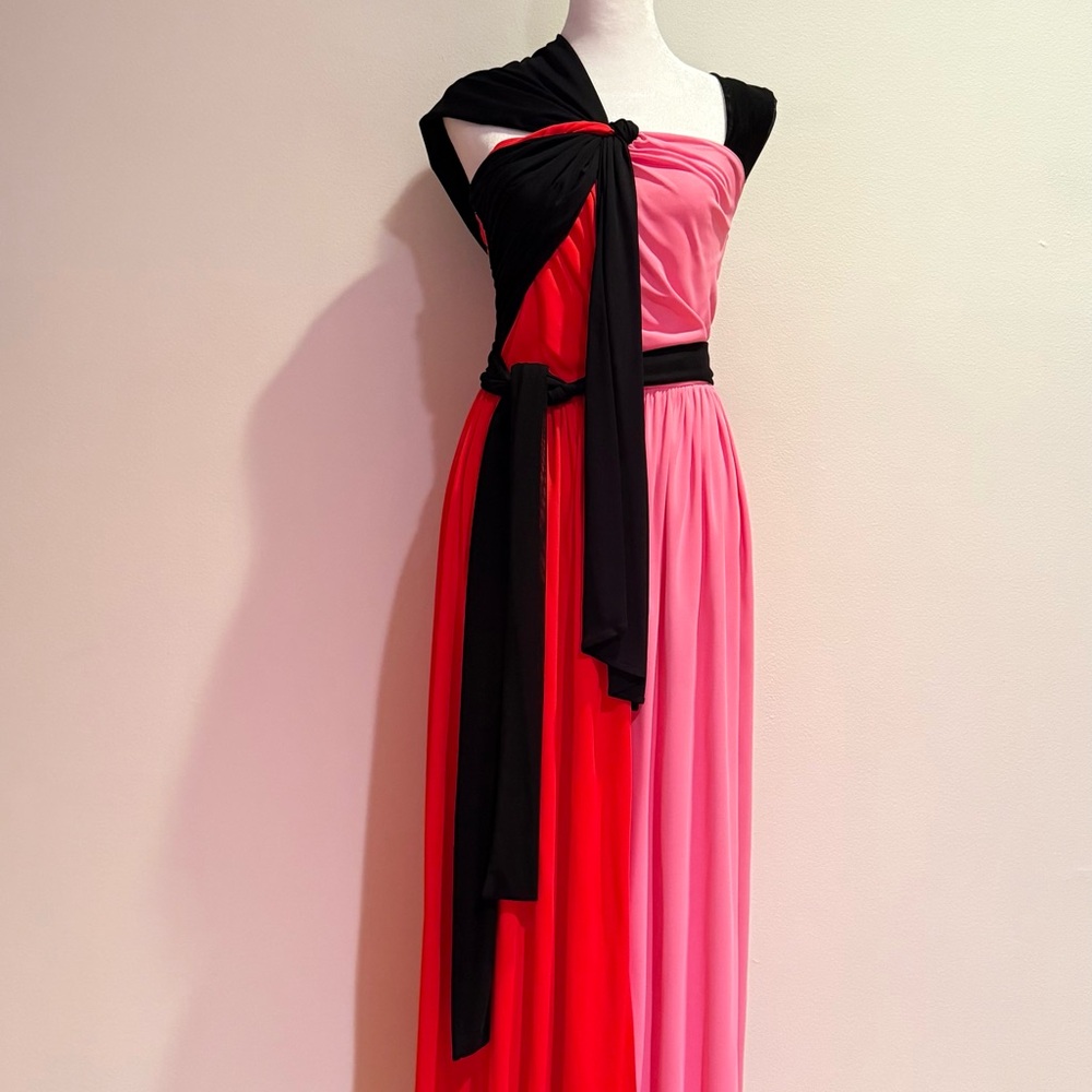 MSGM One Shoulder Dress in Pink and Red with Black Accents